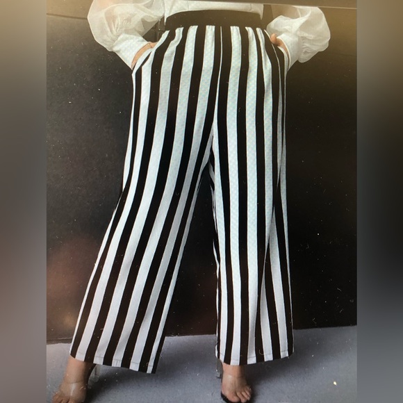MELANIE LYNE WIDE LEG PALLAZZO VERTICAL STRIPED ELASTIC WAIST PANTS no pockets - Picture 3 of 10